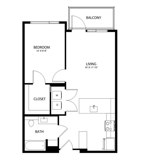 A black and white image of a floor plan for a bedroom, living room, closet, and bathroom.